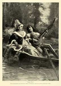 1895 Print Happy Hours Lute Minstrel Boat Serenade Lovers Romance Cesare MUN1