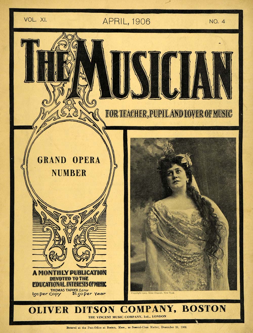 1906 Cover Musician April Grand Opera Prima Donna Sings - ORIGINAL MUS1