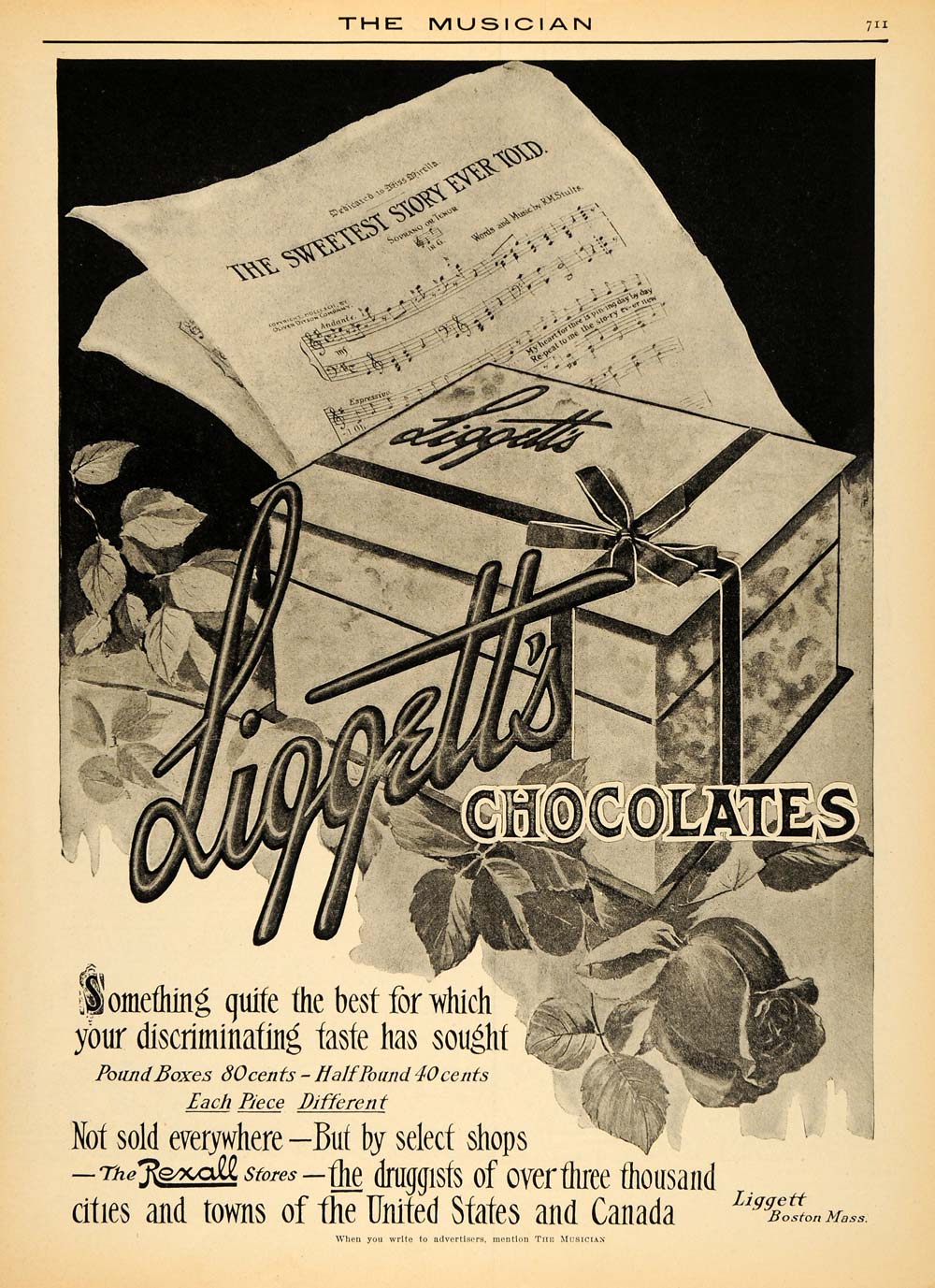 1910 Ad Liggett Chocolate R. M. Stults Sheet Music Rose - ORIGINAL MUS1