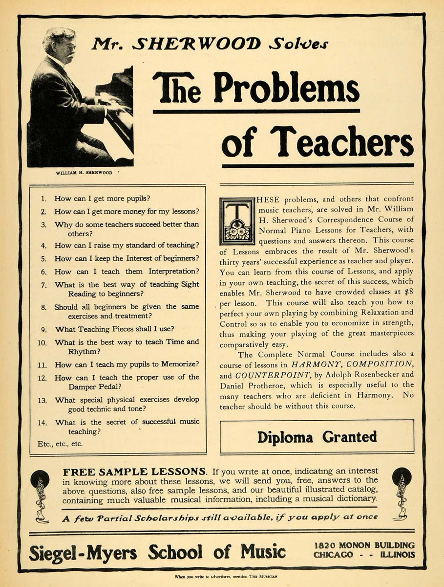 1910 Ad Siegel-Myers Music School Mr. Sherwood Pianist - ORIGINAL MUS1 ...