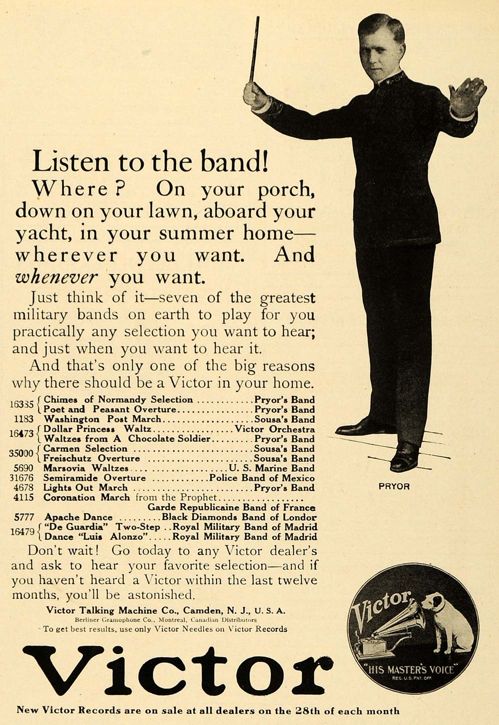 1910 Ad Pryor Band Royal Military Victor Records Nipper - ORIGINAL MUS1