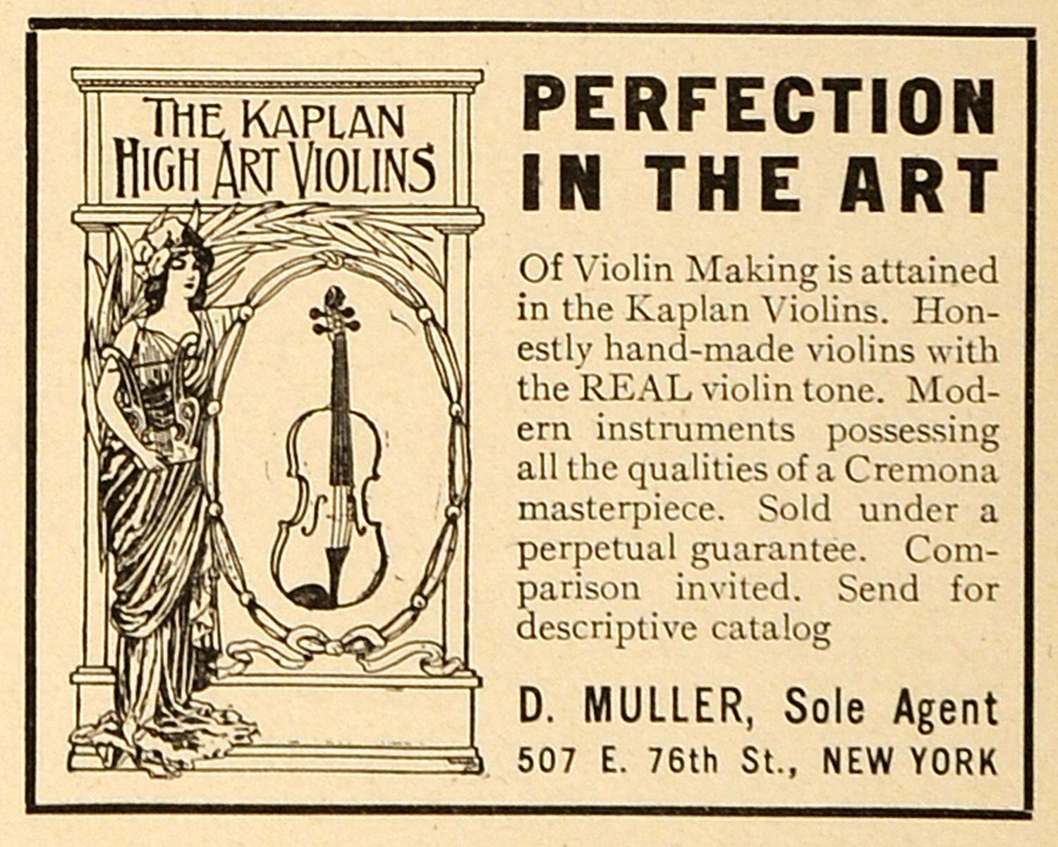 1910 Ad Kaplan High Art Violins D Muller Agent 76th St - ORIGINAL MUS1