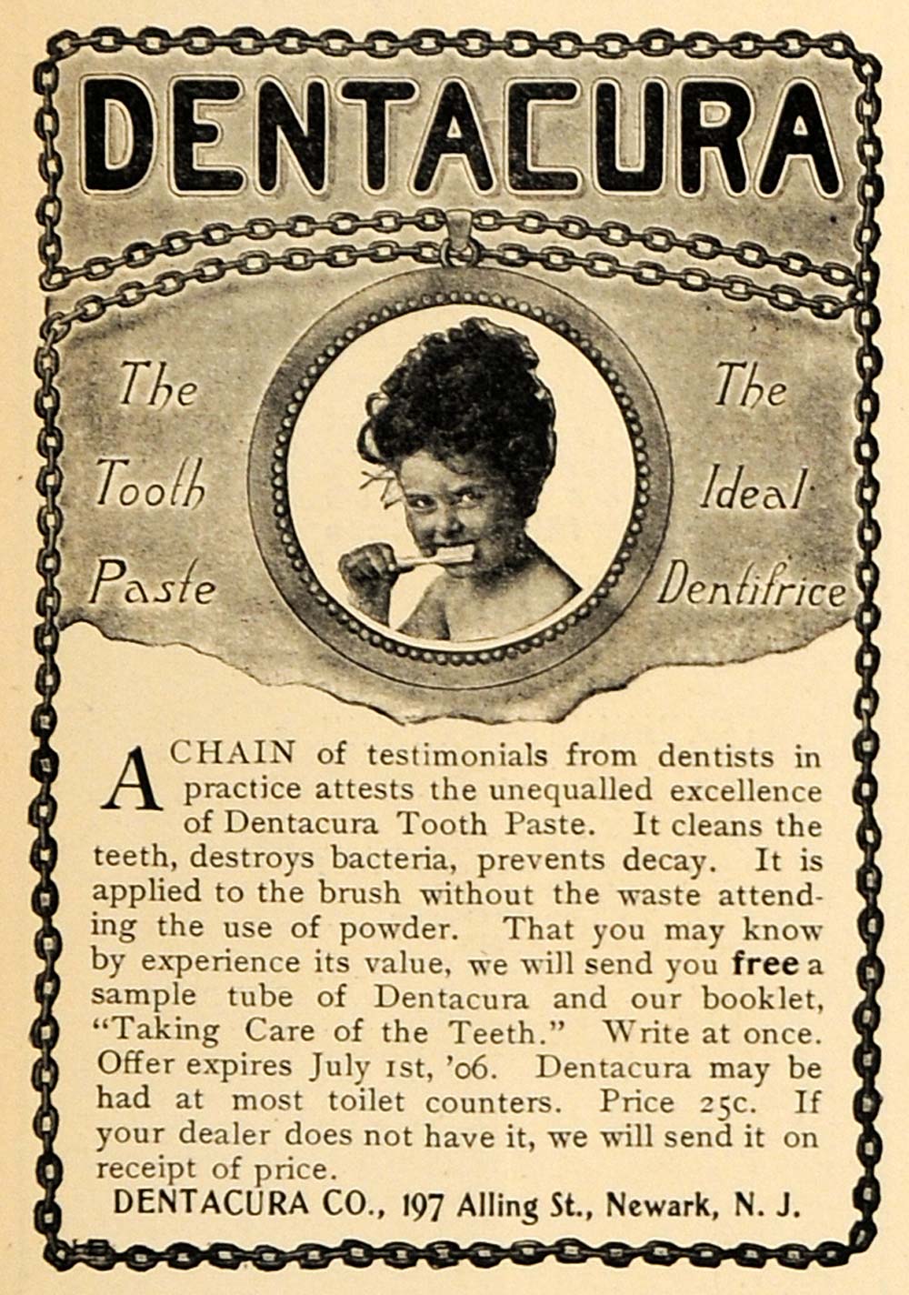 1906 Ad Dentacura Company Toothpaste Dentifrice Teeth - ORIGINAL MUS1