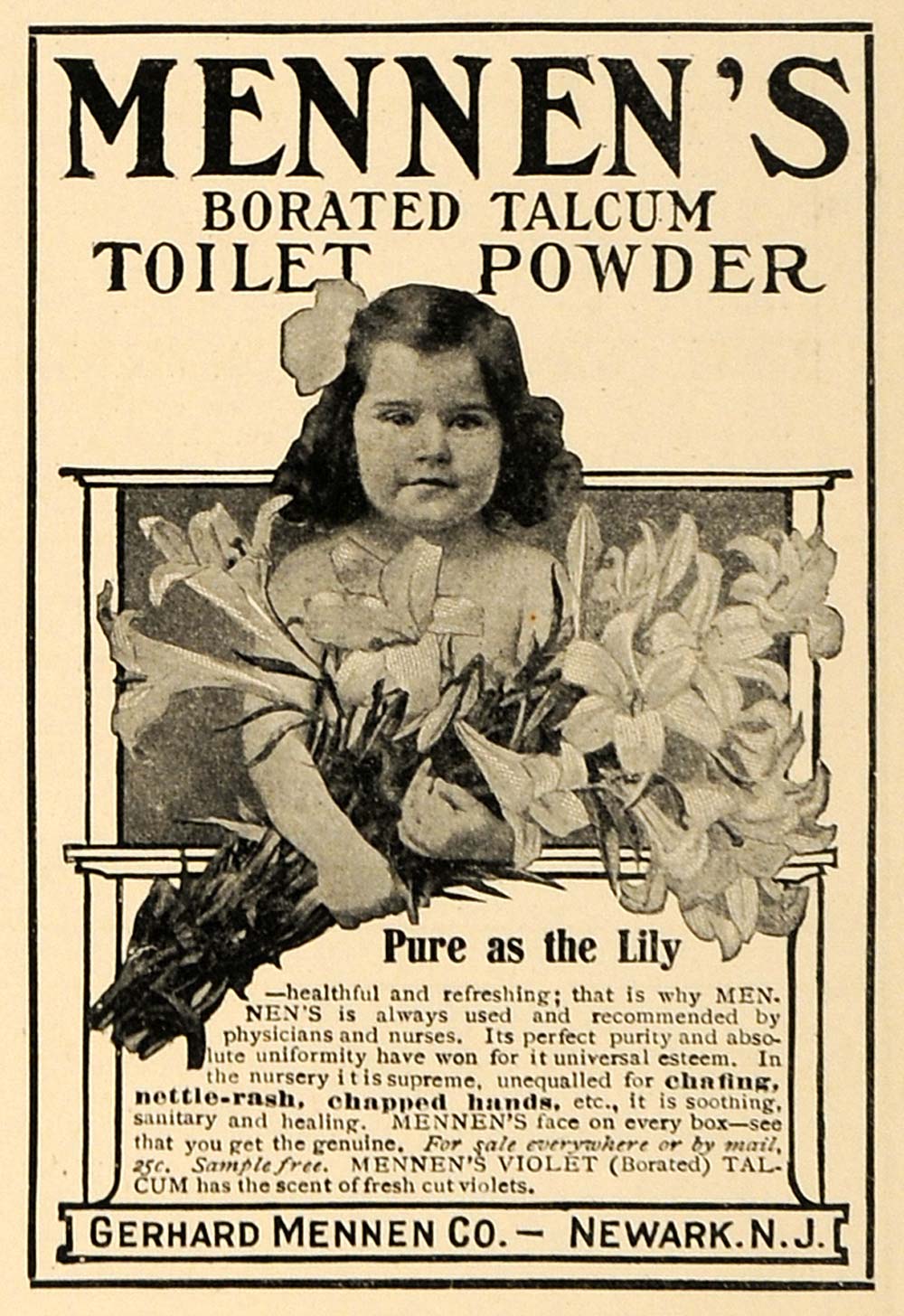 1906 Ad Lily Child Mennen Borated Talcum Toilet Powder - ORIGINAL MUS1