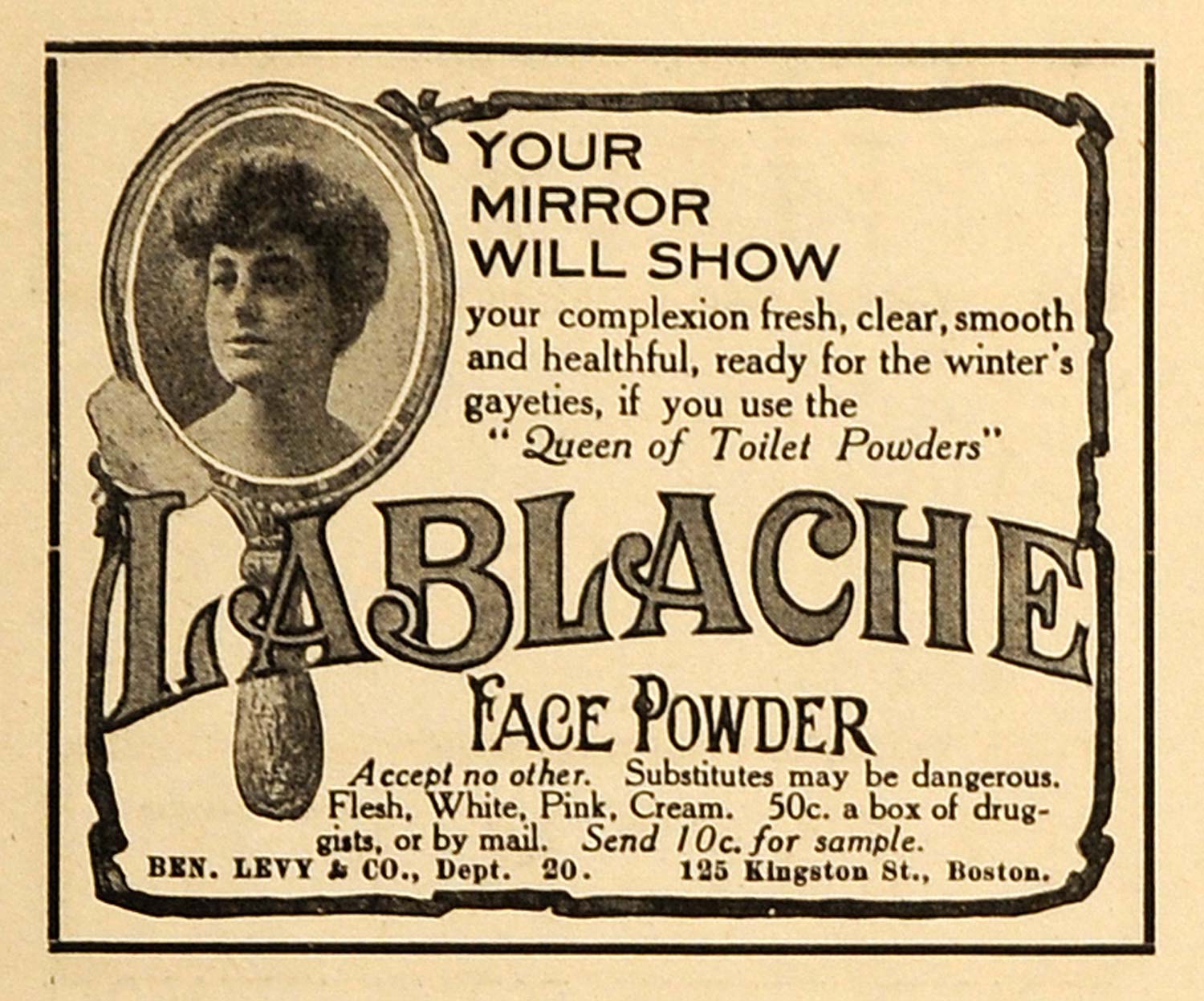 1906 Ad Lablache Toilet Face Powder Ben Levy & Company - ORIGINAL MUS1