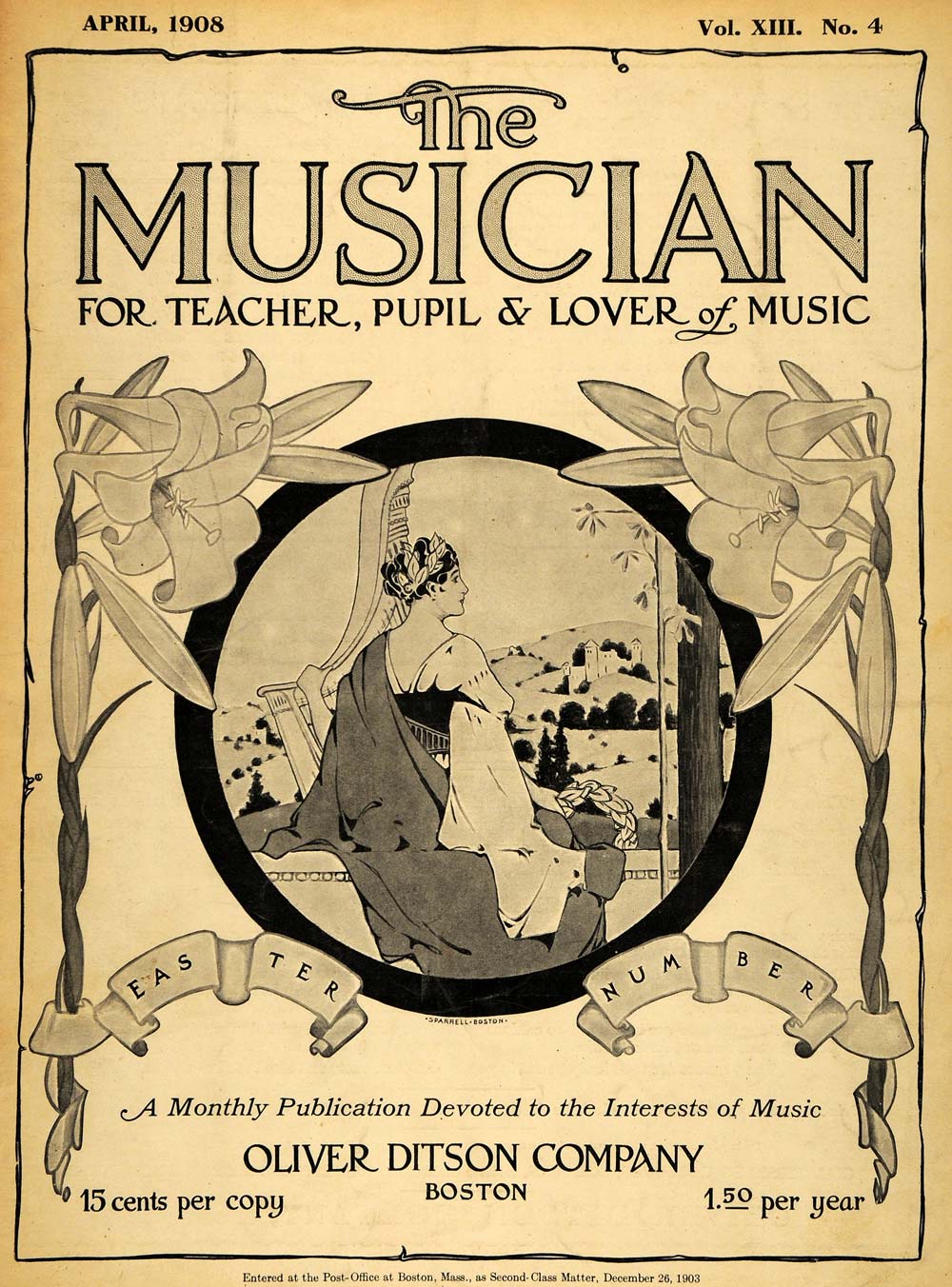 1908 Cover Musician Easter Lady Harpist Portrait Lilies - ORIGINAL MUS1
