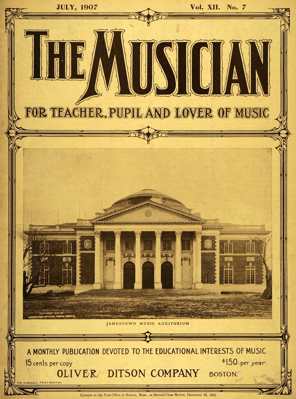 1907 Cover Musician Jamestown Music Auditorium - ORIGINAL MUS1