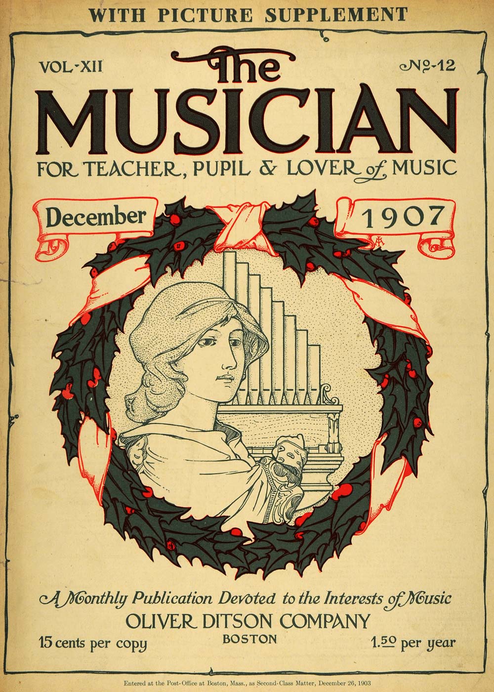 1907 Cover Musician Christmas Wreath Lady Organ Player - ORIGINAL MUS1