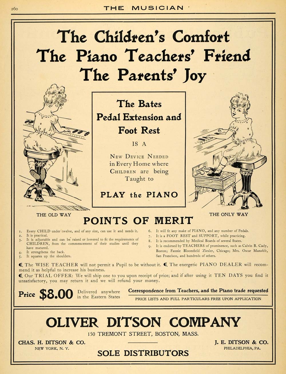 1907 Ad Oliver Ditson Children's Piano Pedal Extensions - ORIGINAL MUS1