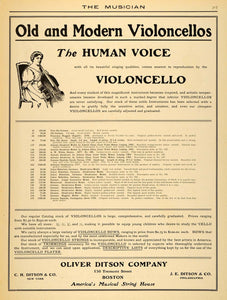 1907 Ad Oliver Ditson Violincellos Cellist Instruments - ORIGINAL MUS1
