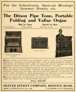 1908 Ad Oliver Ditson Pipe Tone Folding Valise Organs - ORIGINAL MUS1
