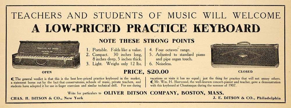 1908 Ad Oliver Ditson Portable Practice Piano Keyboards - ORIGINAL MUS1
