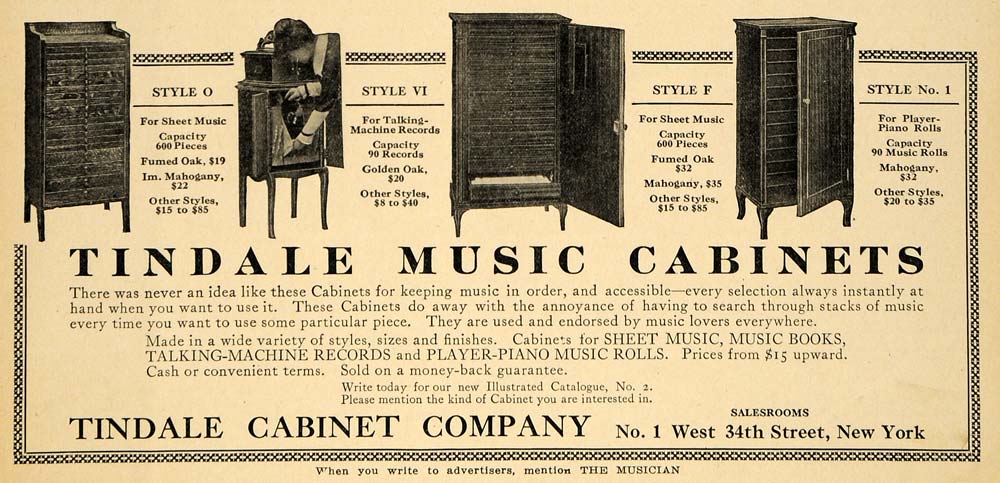 1914 Ad Tindale Wooden Music Cabinet Records Piano Roll - ORIGINAL