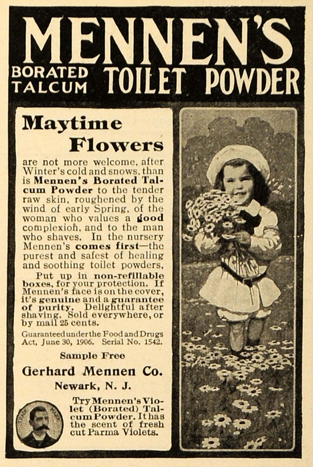 1907 Ad Gerhard Mennen Talcum Powder Girl Flower Field - ORIGINAL MUS1