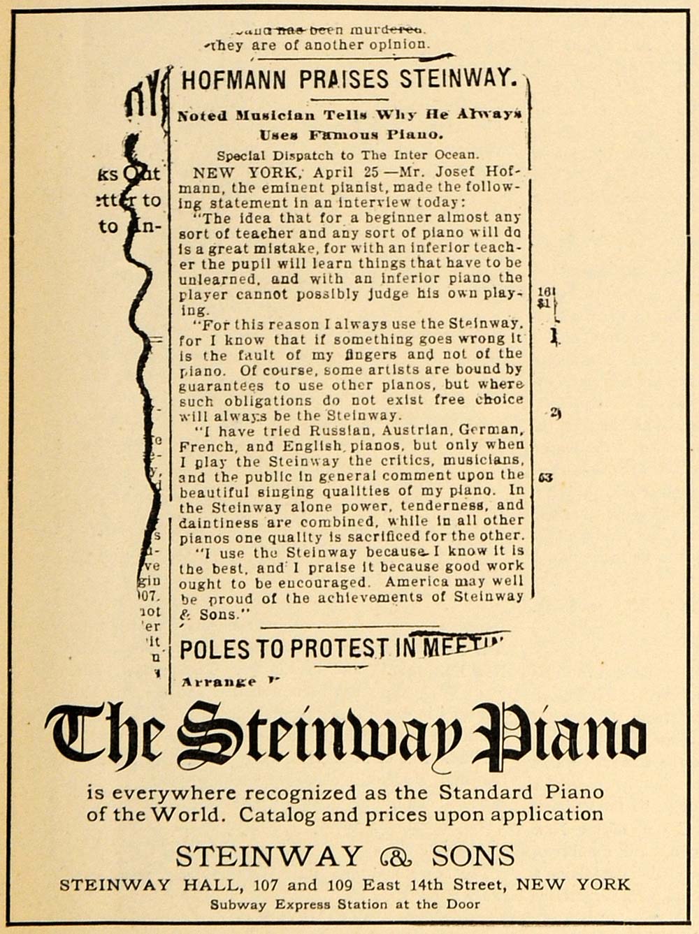 1908 Ad Steinway Pianos Josef Hofmann Pianist Praise - ORIGINAL ADVERTISING MUS1