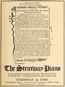 1908 Ad Steinway Pianos Josef Hofmann Pianist Praise - ORIGINAL ADVERTISING MUS1