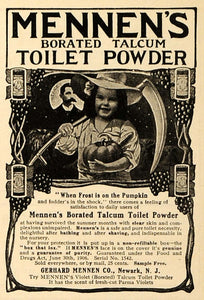1907 Ad Gerhard Mennen Talcum Powder Kid Pumpkin Scythe - ORIGINAL MUS1