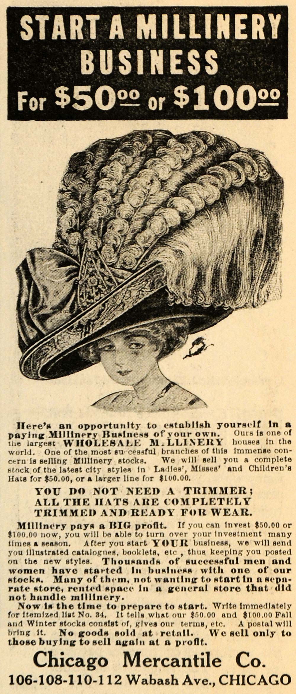 1910 Ad Fashion Hats Millinery Chicago Mercantile Co - ORIGINAL ADVERTISING MX5