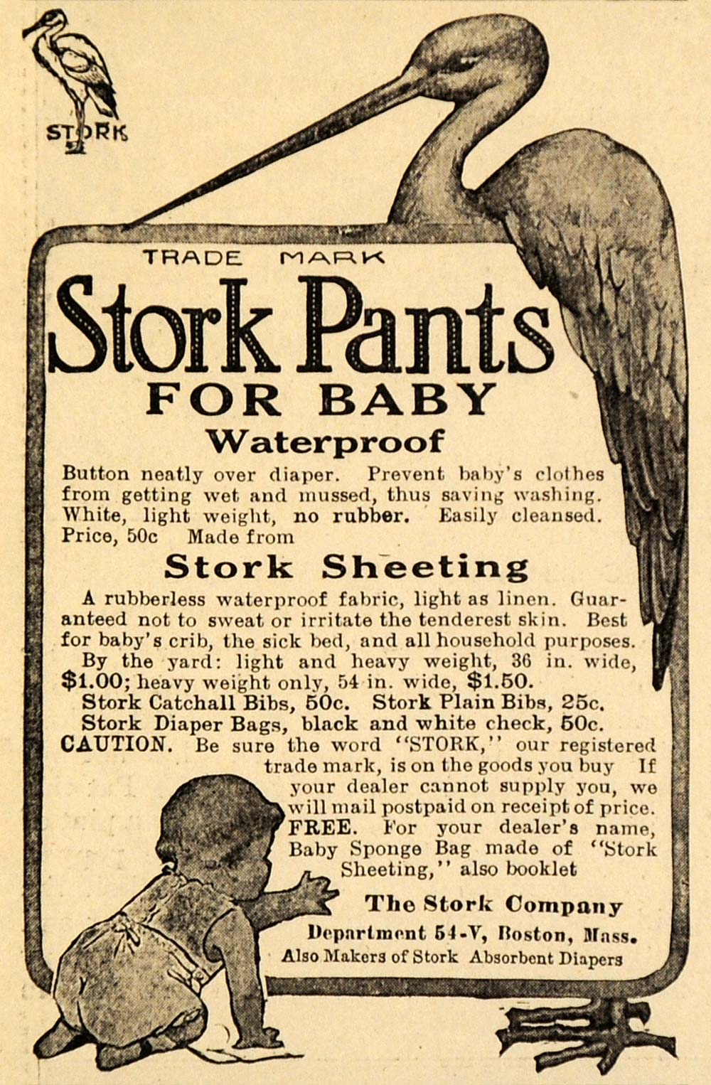 1910 Ad Stork Company Boston Pants Baby Waterproof Bird - ORIGINAL MX5
