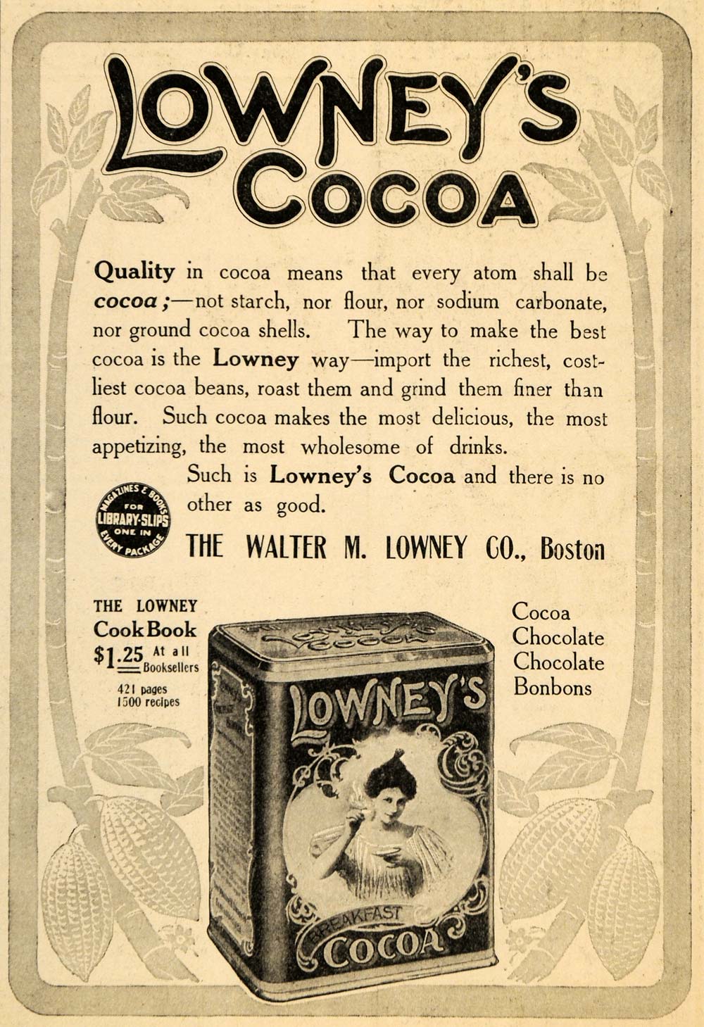 1911 Ad Tin Breakfast Cocoa Walter M Lowney Company - ORIGINAL ADVERTISING MX5