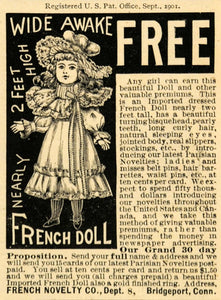 1901 Ad French Doll Novelty Bridgeport Connecticut Wide Awake Children's Toy MX5