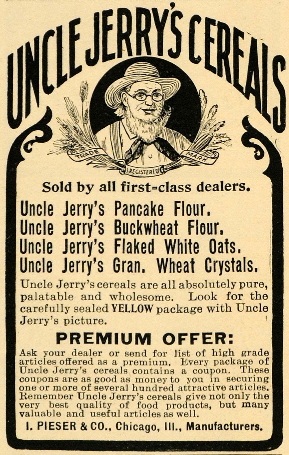 1901 Ad Uncle Jerry's Cereals I Pieser Chicago Illinois Pancake Flour MX5