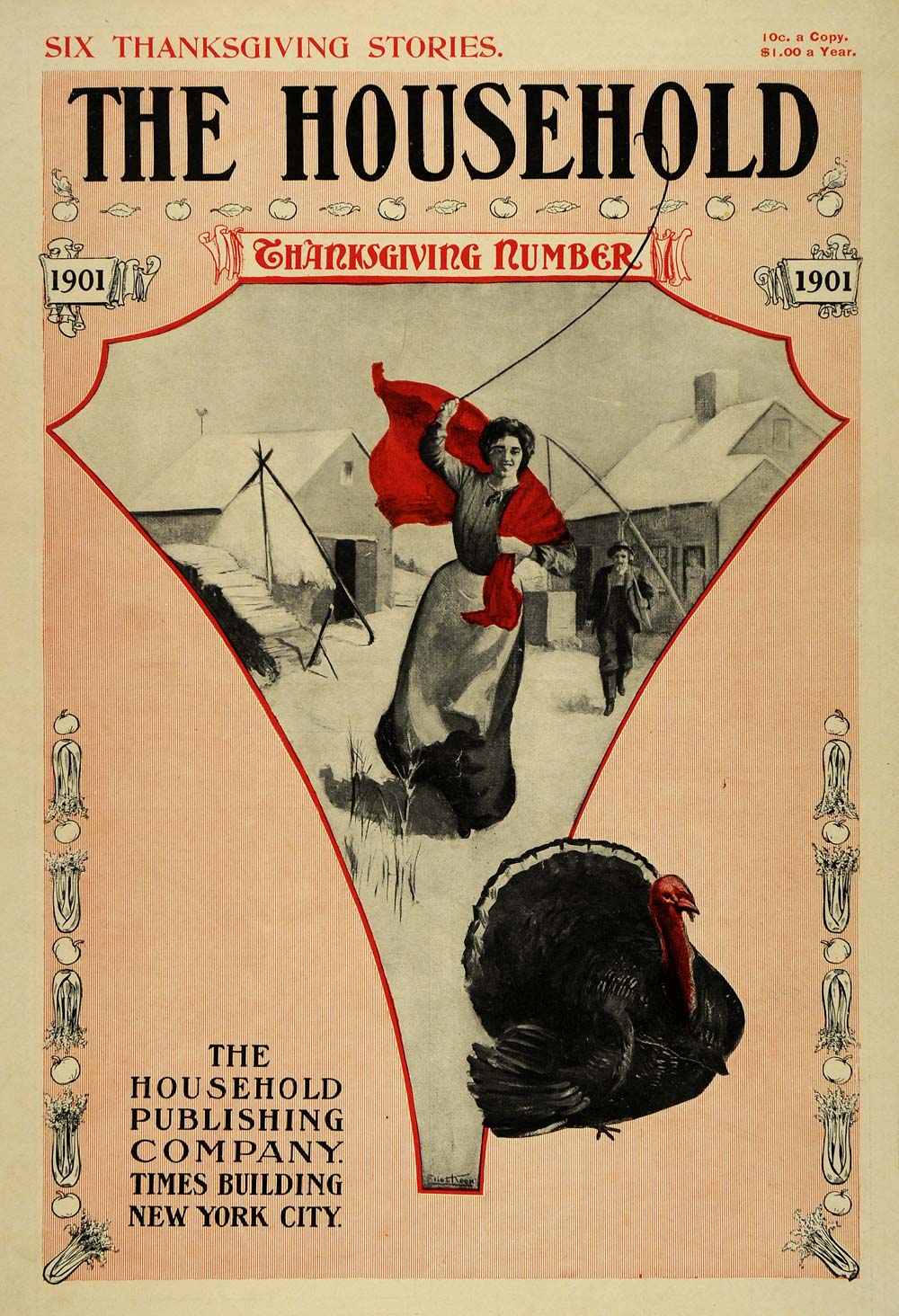 1901 Cover Household Thanksgiving Turkey Art Eliot Keen - ORIGINAL MX6