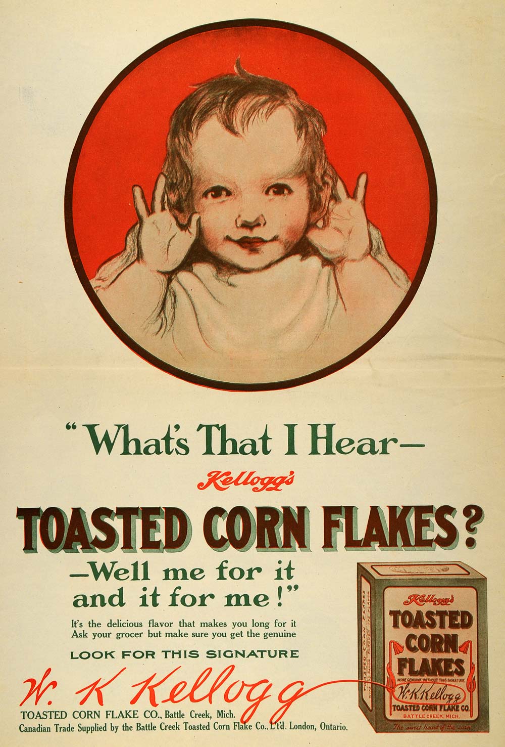 1909 Ad Kellogg's Toasted Corn Flakes Baby Listening - ORIGINAL