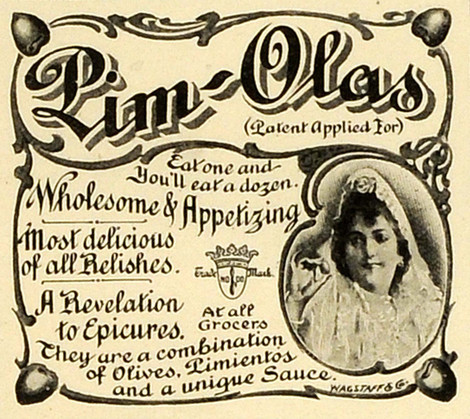 1898 Ad Pim-Olas Sauce Queen Olive Pimientos Appetizer Food Products Relish MX7
