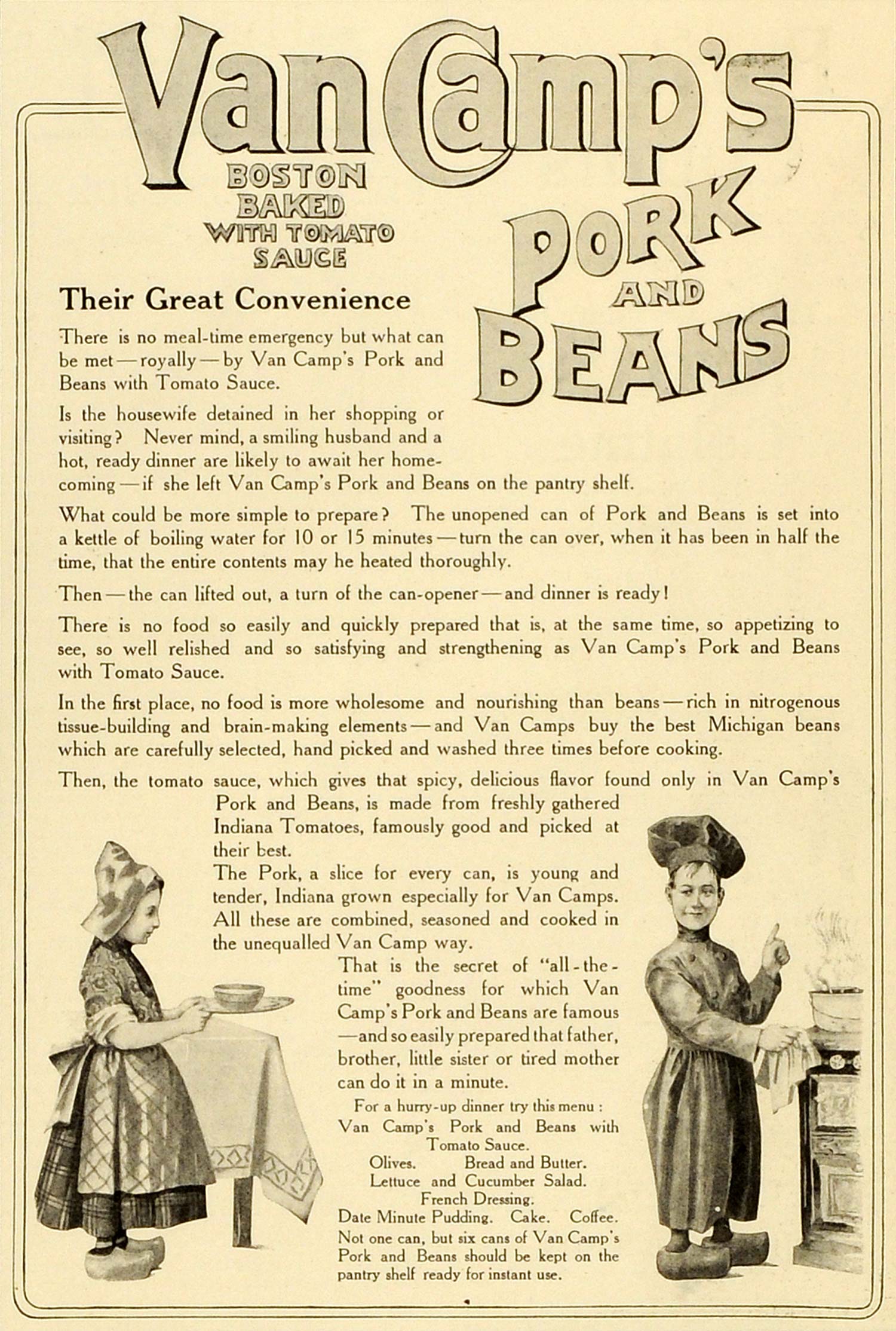 1906 Ad Food Products Van Camp's Pork & Beans Tomato Sauce Can Chefs Cooking MX7