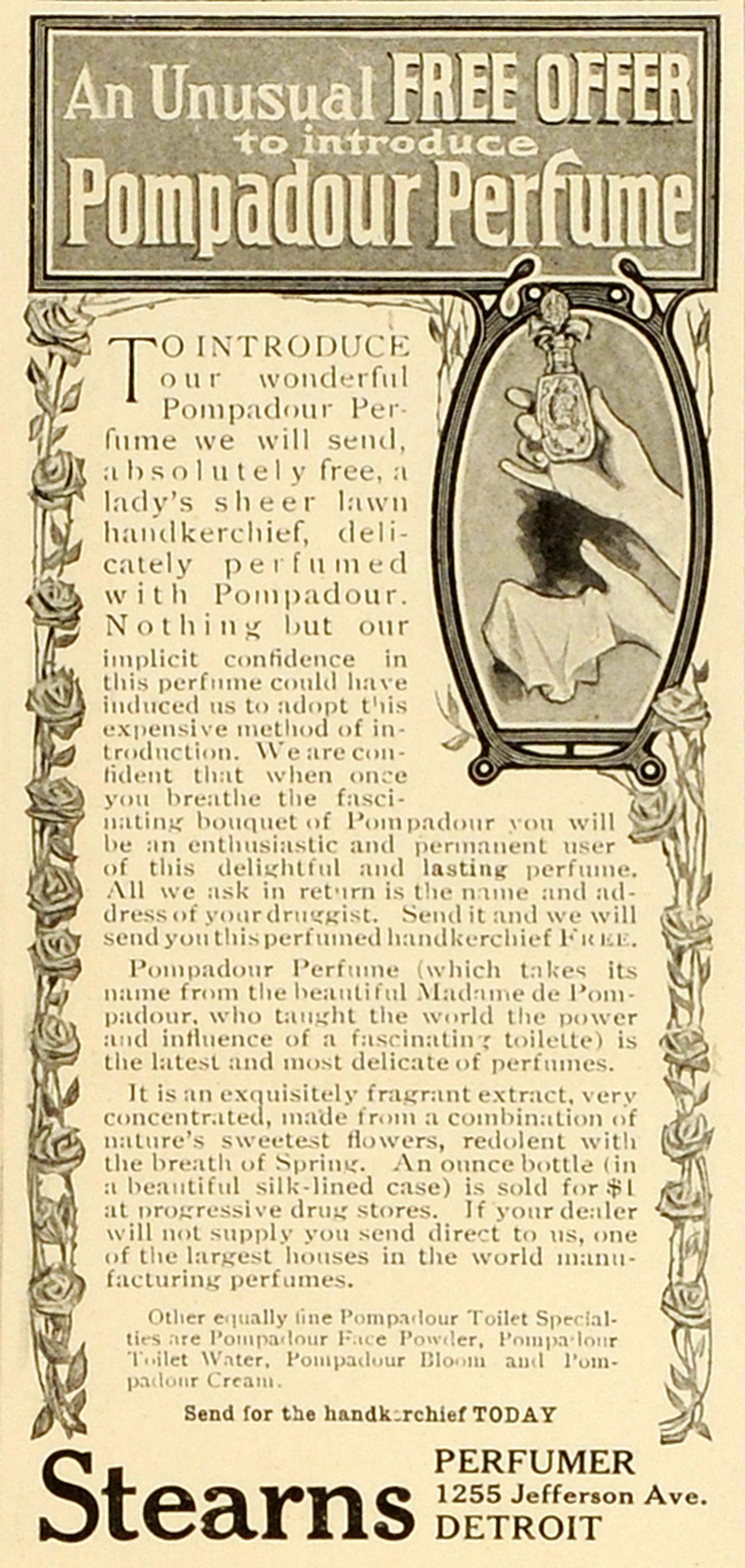 1906 Ad Stearns Perfumer Pompadour Perfume Handkerchief Parfum Beauty MX7