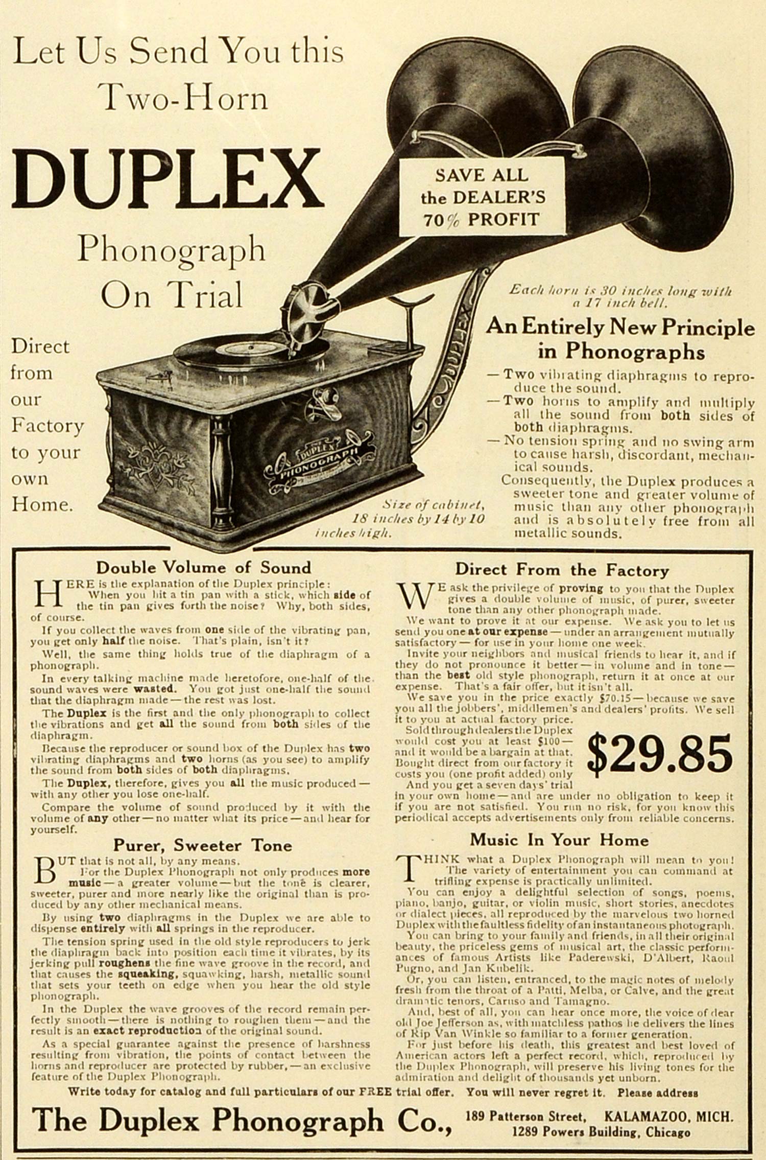 1906 Ad Duplex Phonograph Trial Two-Horn Music Player Record Vintage Device MX7