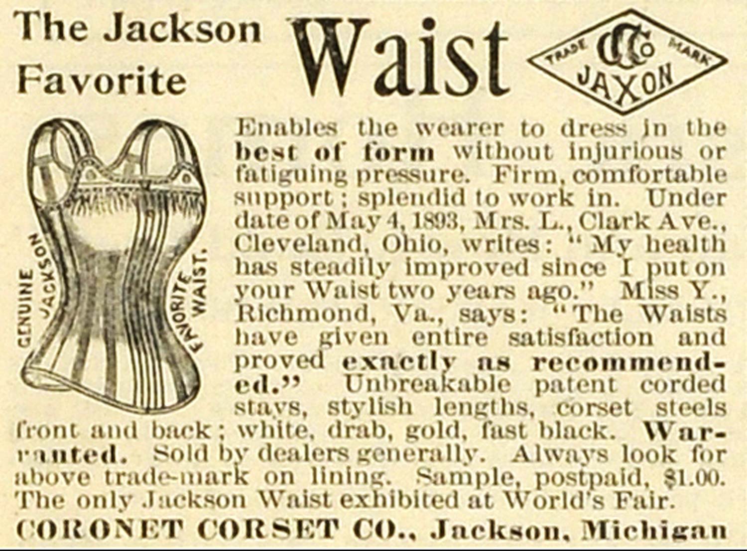 1893 Ad Coronet Corset Co Jackson Michigan Waist Woman Accessories Clothing MX7