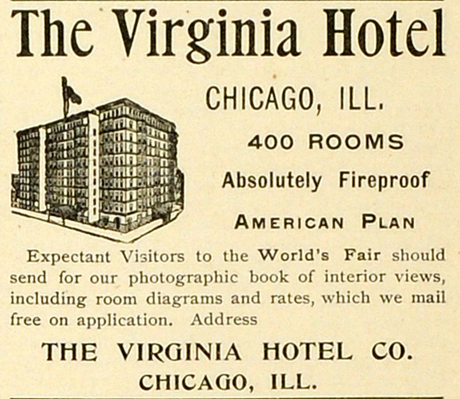 1893 Ad Virginia Hotel Co Chicago IL Building Structure Travel Vacation MX7