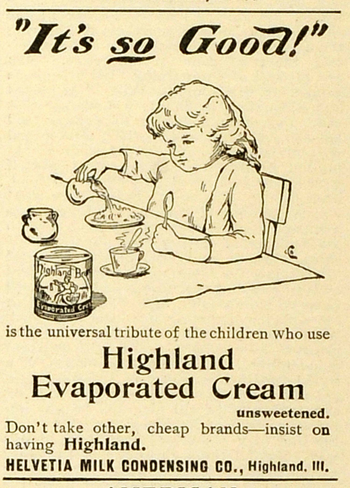 1893 Ad Helvetia Milk Condensing Highland Evaporated Cream Child Dairy MX7 - Period Paper
