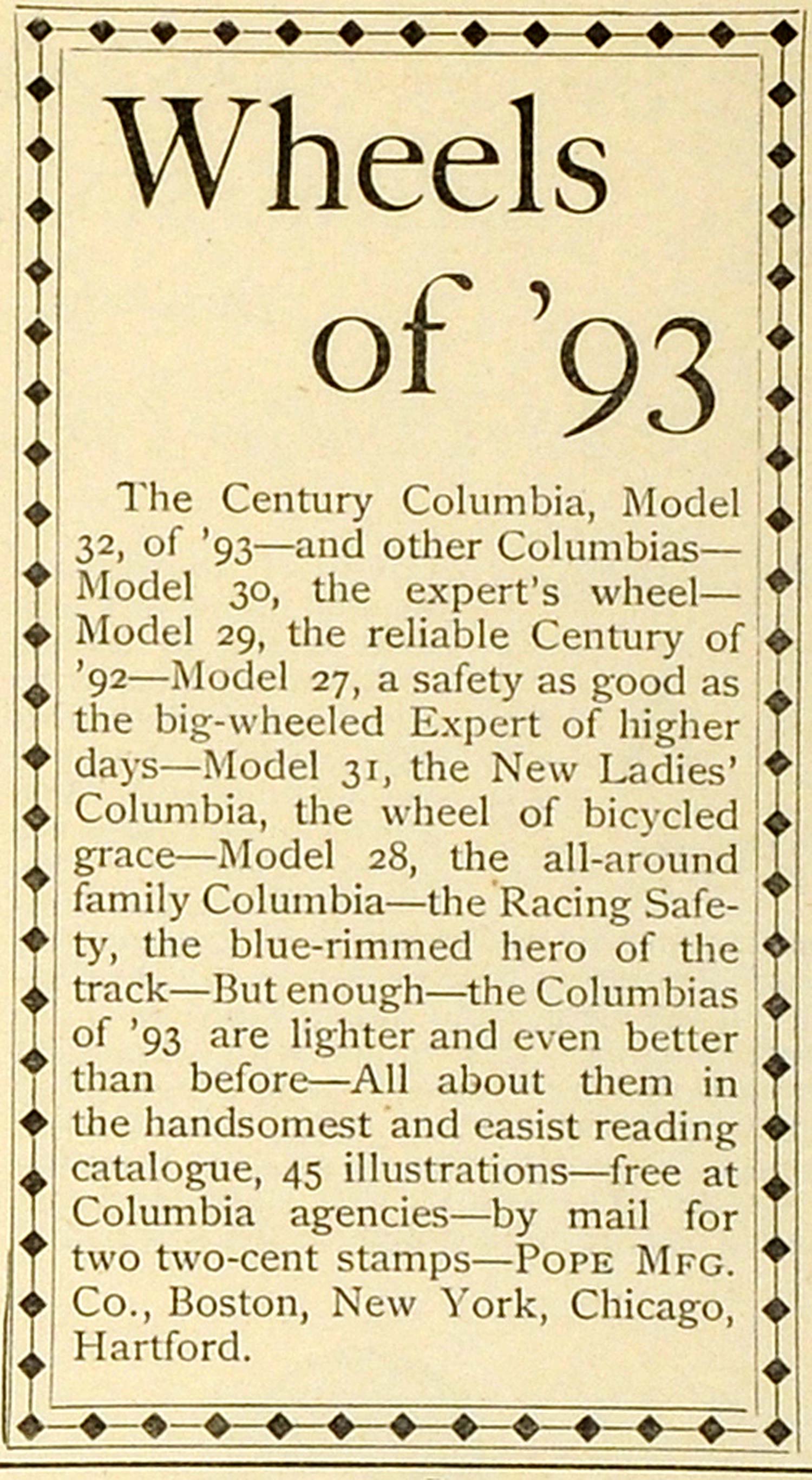 1893 Ad Wheels of '93 Century Columbia Tire Bicycle Model 32 Pope MX7