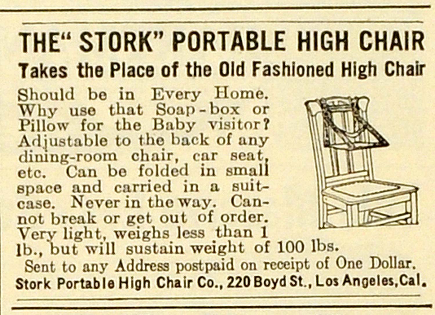 1910 Ad Stork Portable High Chair CA Baby Chair Furniture Antique Los MX7