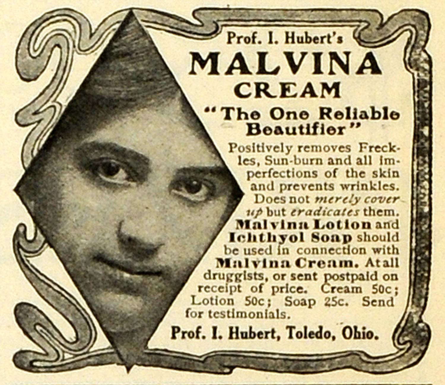 1910 Ad Malvina Cream Prof I Hubert Lotion Ichthyol Soap Toledo Beauty MX7