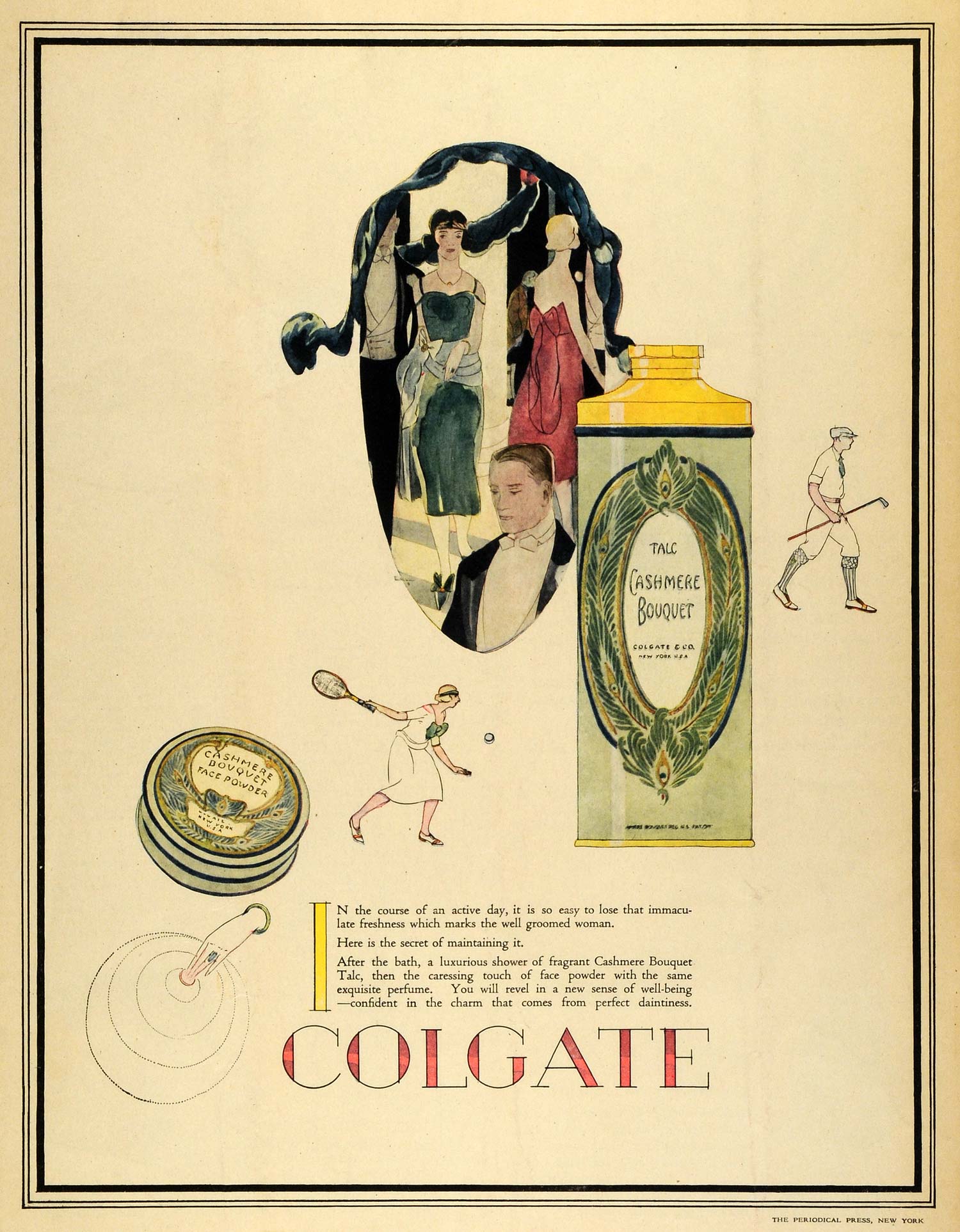 1922 Ad Colgate Cashmere Bouqet Face Talc Powder Tennis Golf Art Deco Beauty MX7