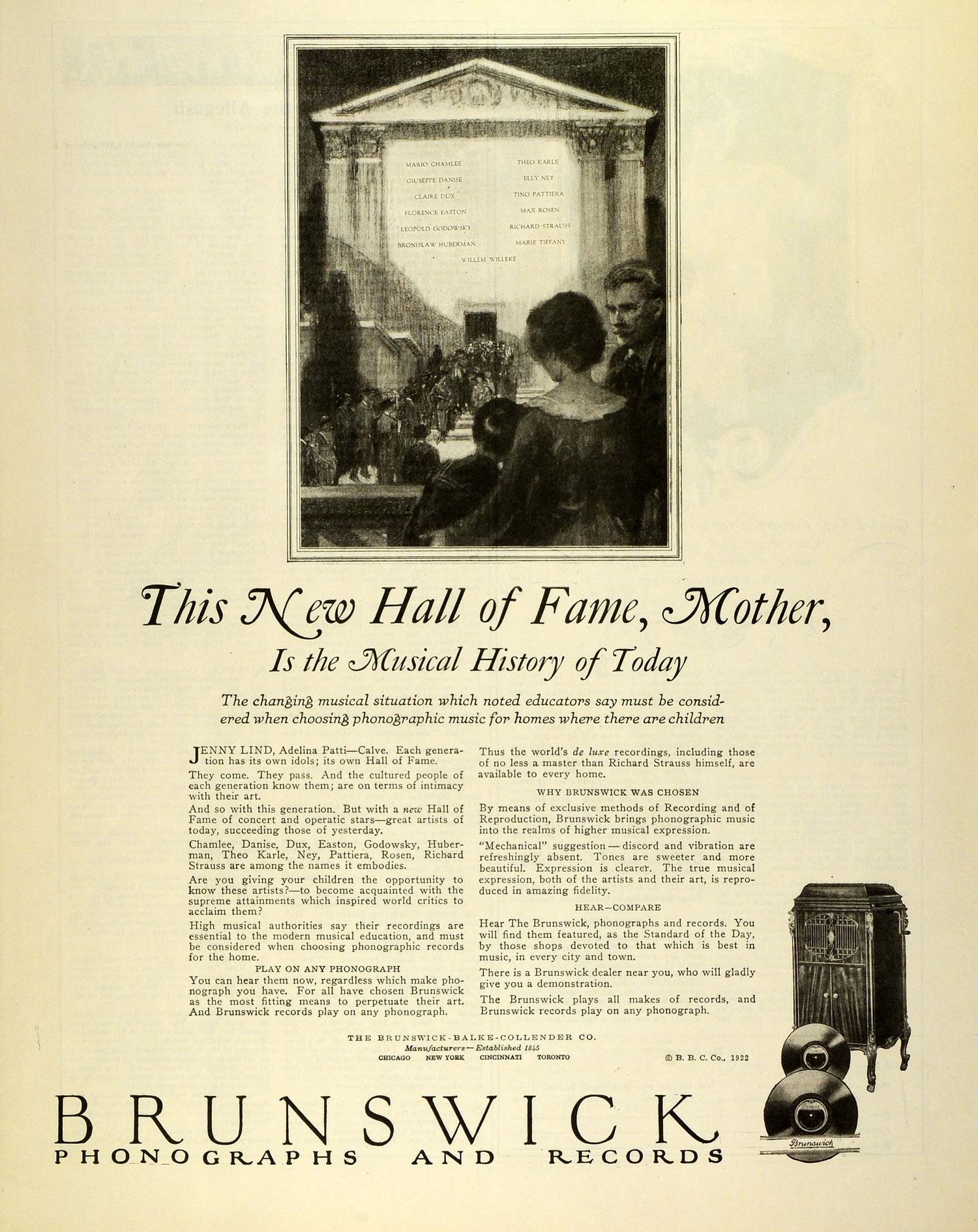 1922 Ad Brunswick-Balke-Collender Phonographs Records Music Players Hall MX7