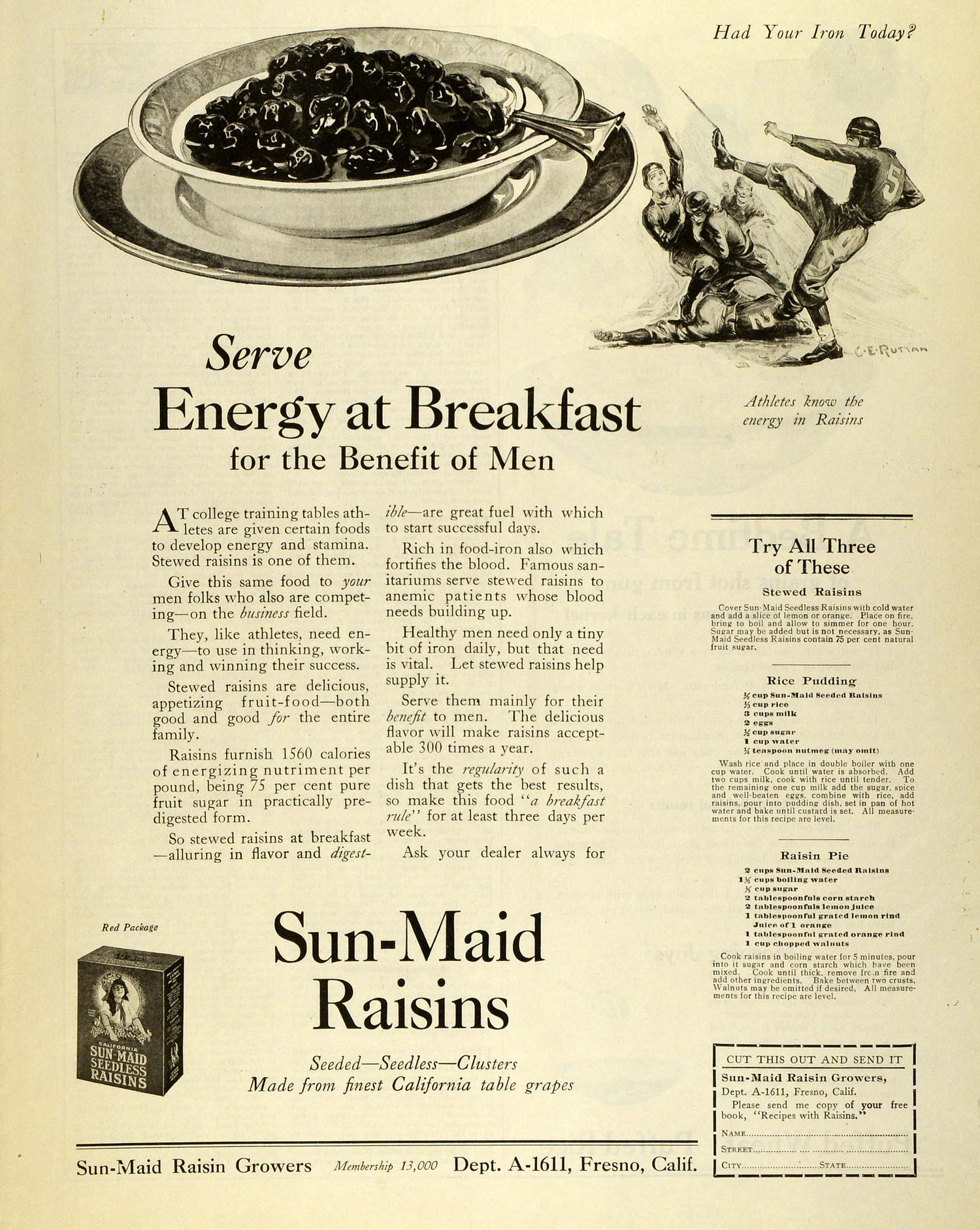 1922 Ad Sun-Maid Raisin Growers Breakfast Fruit Bowl Football Players Punt MX7