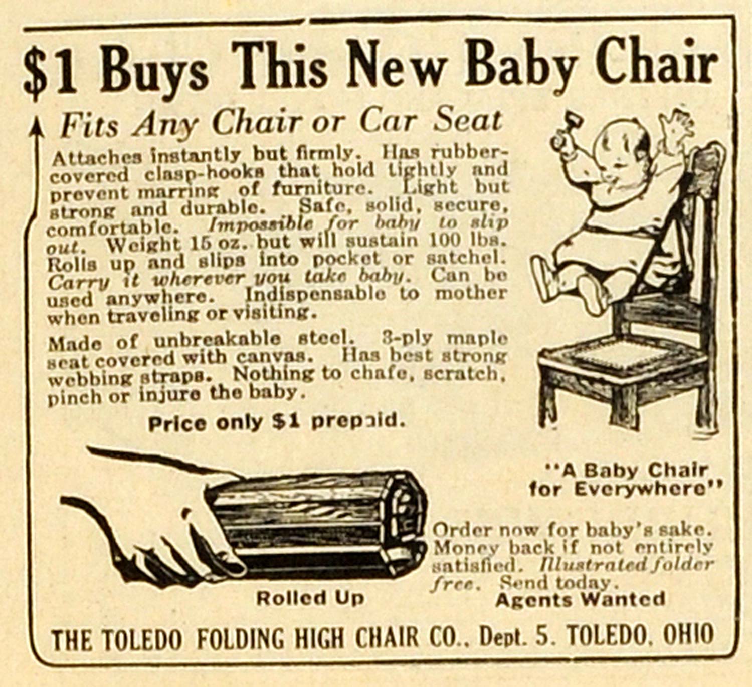 1914 Ad Toledo Folding Chairs High Seat Baby Newborn Portable Sitting MX7