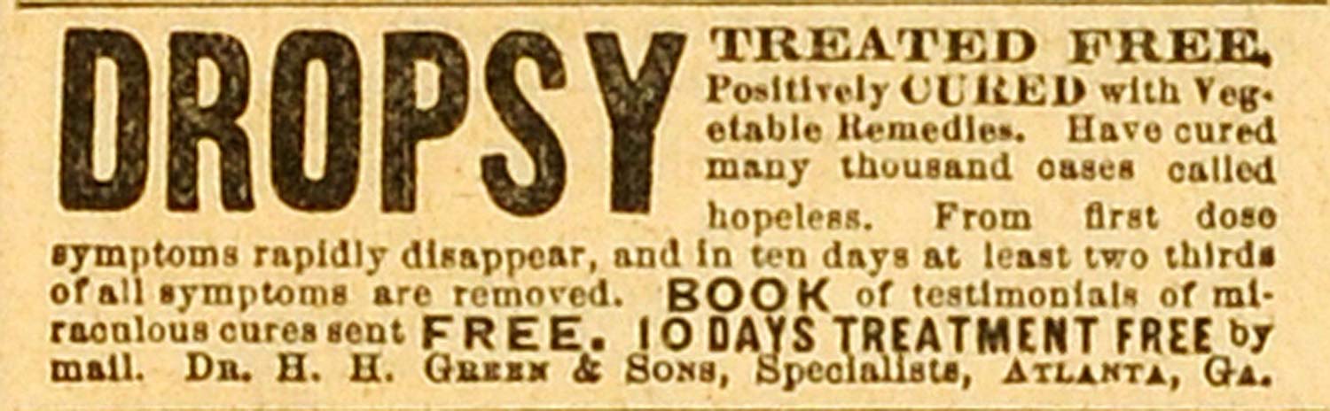 1892 Ad Dr. H. H. Green Medical Specialist Dropsy Swelling Ailment Cure MX7