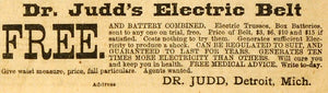 1892 Ad Dr. Judd Electric Belt Medical Apparatus Shocking Tool Health MX7
