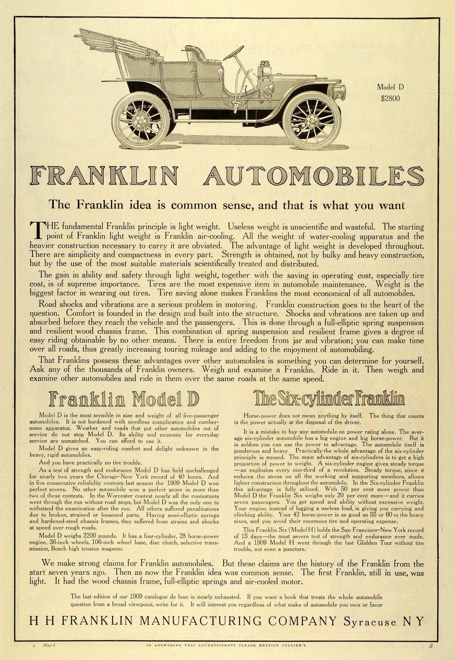 1909 Ad Six Cylinder Antique Franklin Model D Convertible Car Specifications MX7