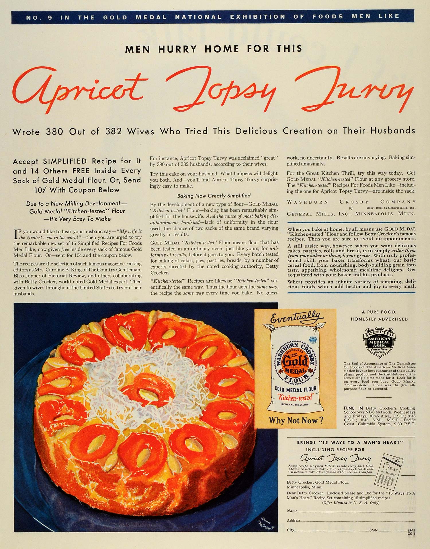 1933 Ad Washburn Crosby Gold Medal Flour Apricot Topsy Turvy Cake General MX7