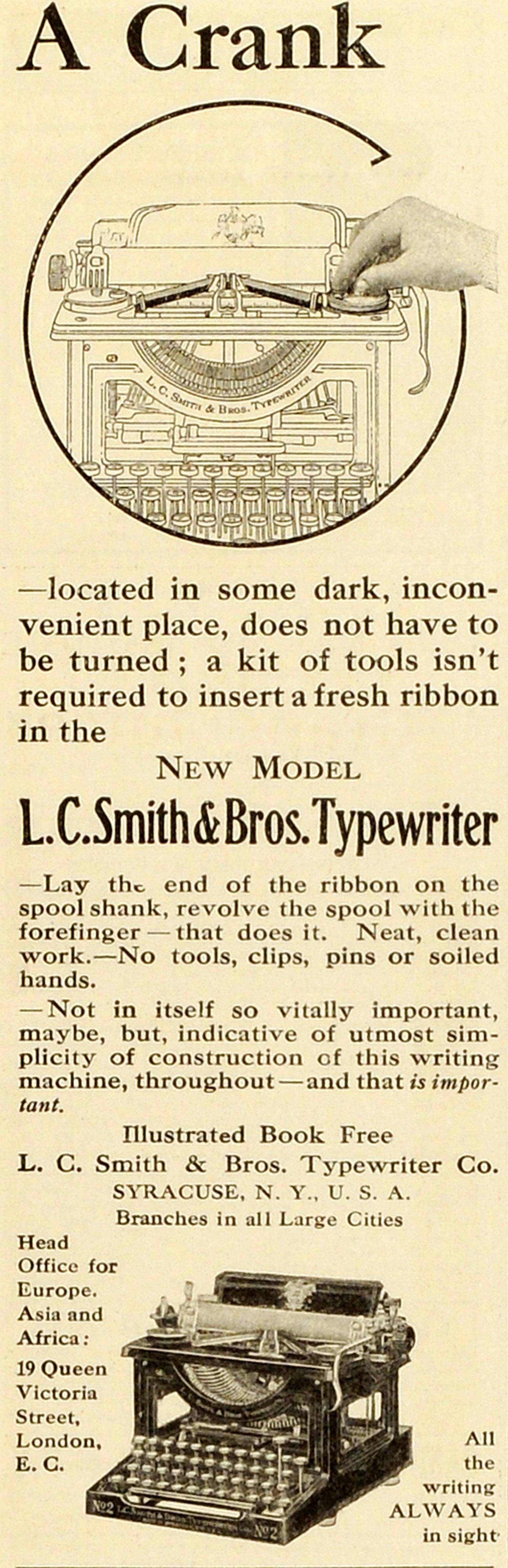 1909 Ad L. C. Smith Bros. Antique Typewriter Parts Crank Lever Office MX7