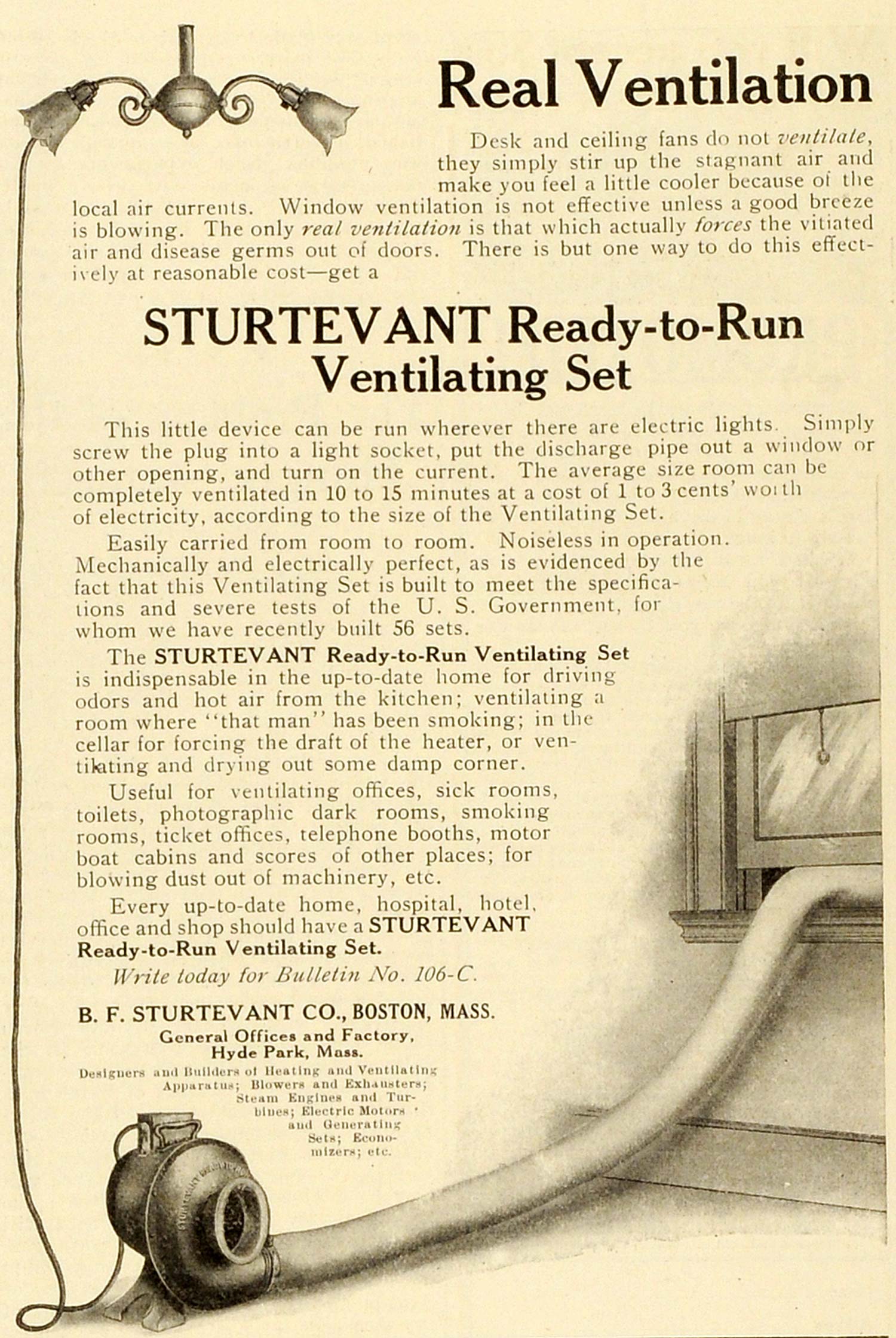 1909 Ad B. F. Sturtevant Ready to Run Ventilating System Hose Air Filtration MX7