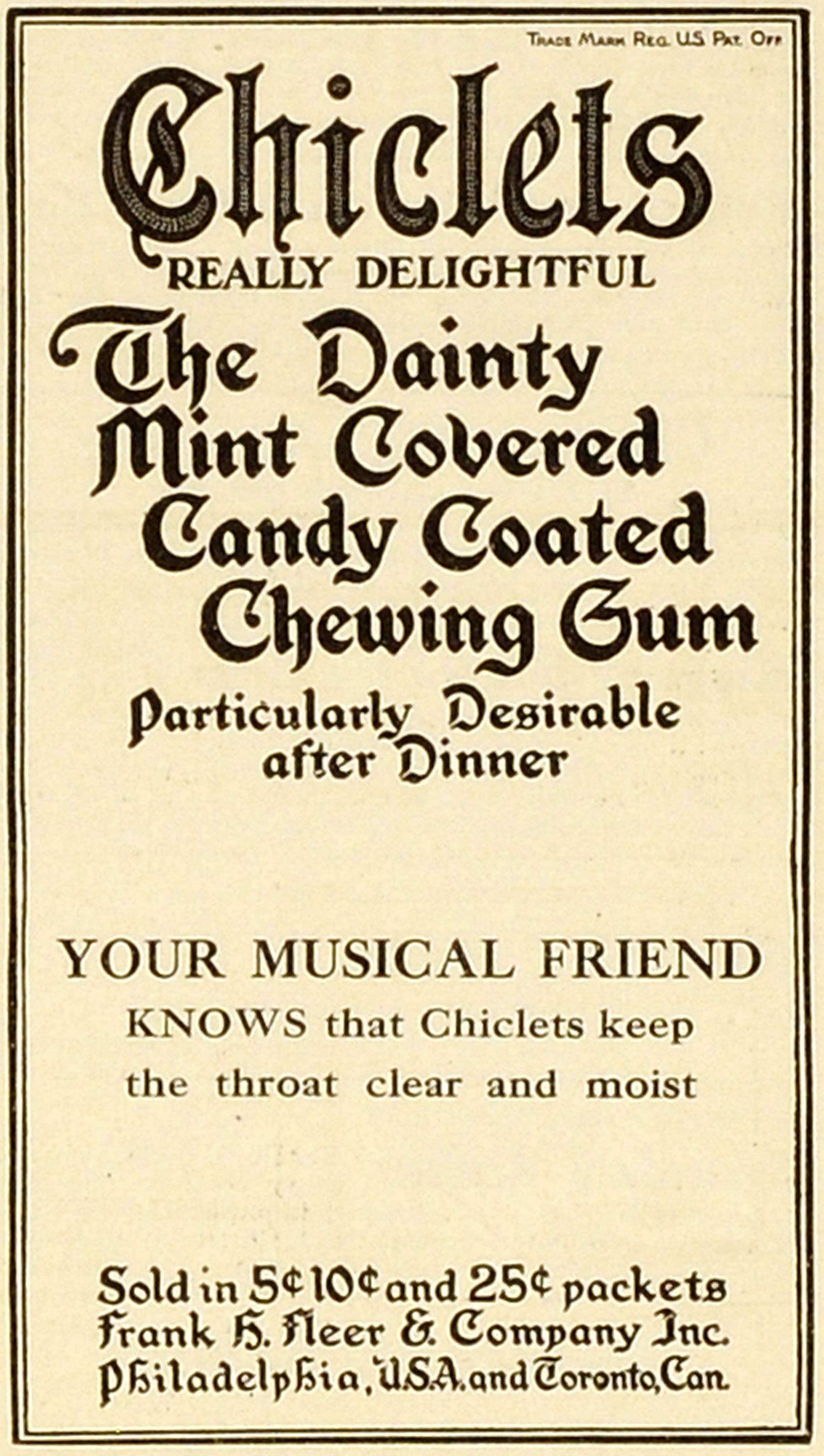 1909 Ad Frank Fleer After Dinner Mint Chiclets Chewing Gum Candy Musicians MX7