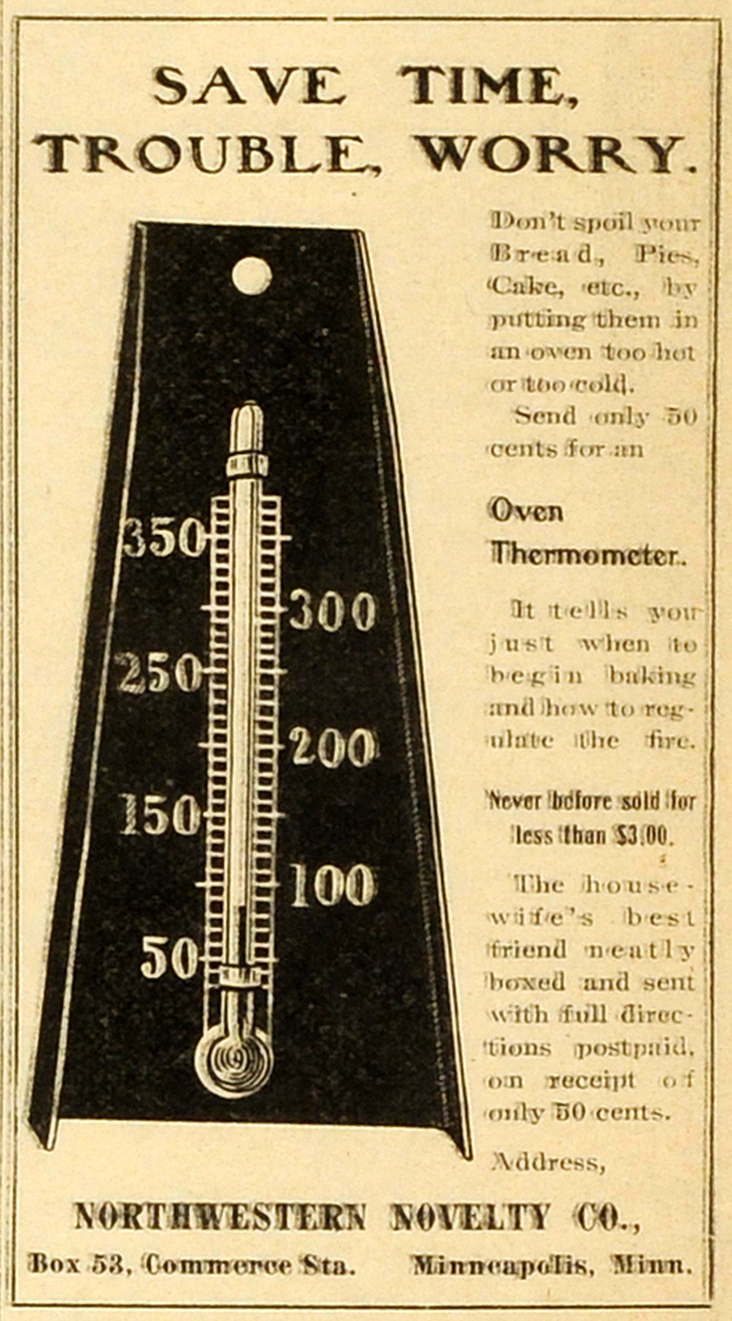 1904 Ad Northwestern Novelty Oven Baking Thermometer Minneapolis Housewife MX7